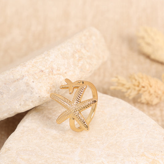 Double Starfish Gold-Plated Adjustable Ring