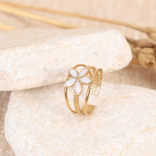 Gold and White Enamel Layered Flower Ring