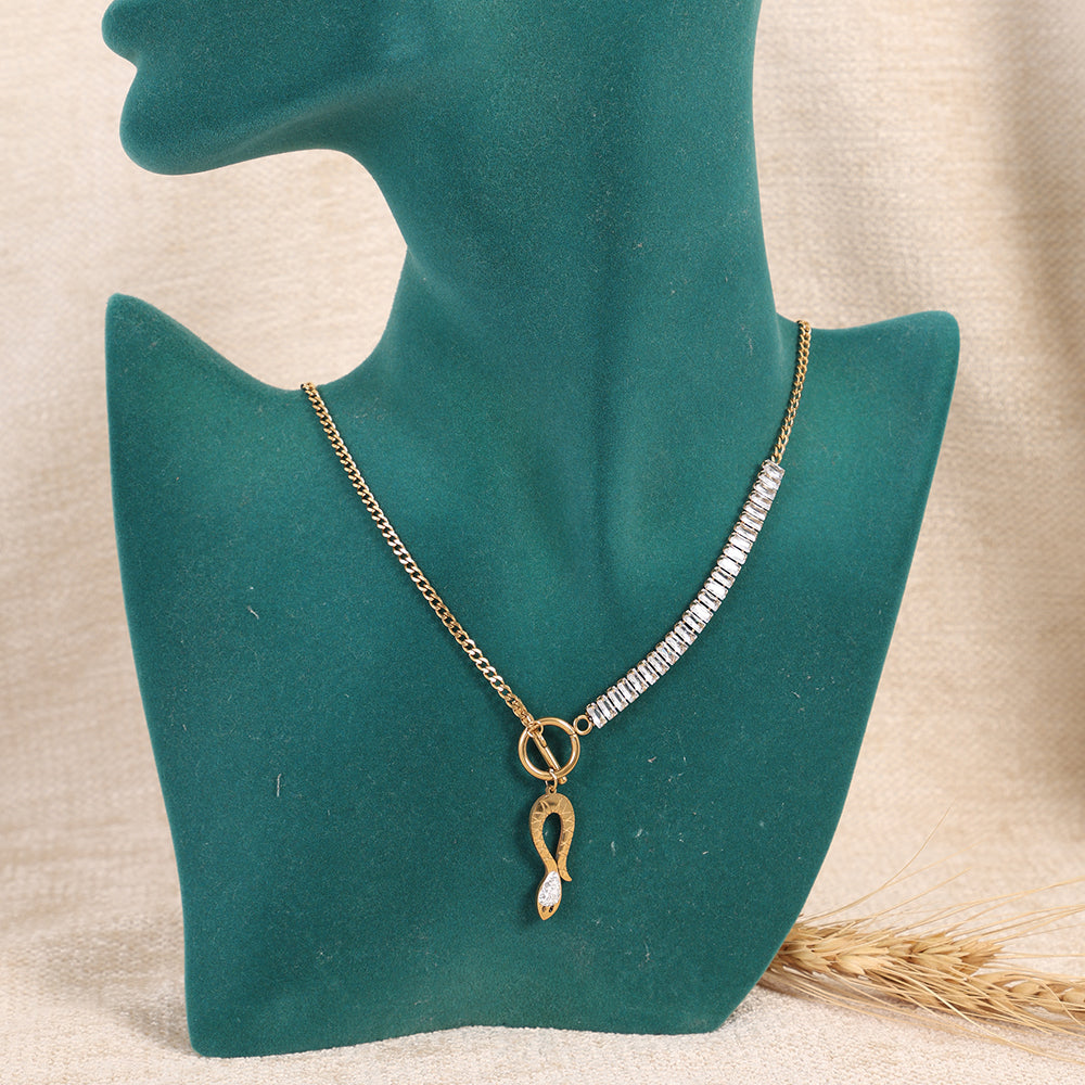 Zircon Pave Bar & Horseshoe Charm Pendant Necklace