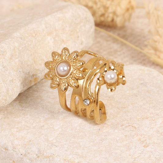 Gold Spiral Flower & Pearl Cluster Adjustable Ring