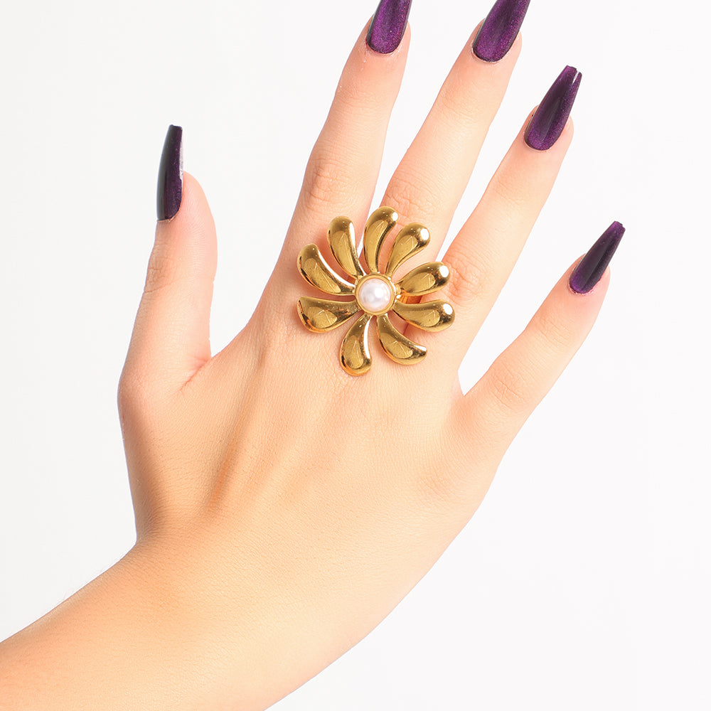 Bold Gold Flower Ring with Pearl Center