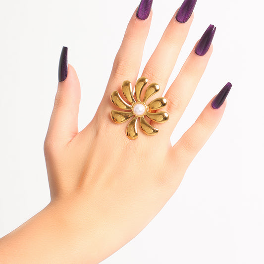Bold Gold Flower Ring with Pearl Center