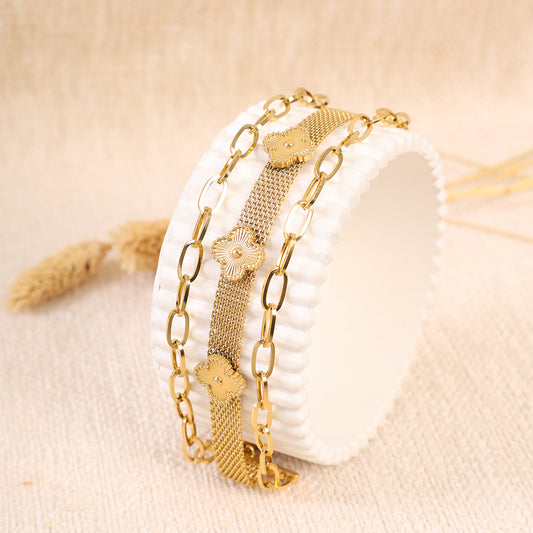 Gold Layered Bracelet with Mesh Band and Clover Accents