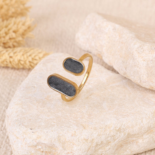 Modern Abstract Open Ring with Matte Black Stones