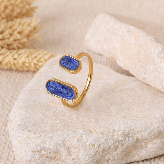 Modern Open Ring with Two-Tone Blue Enamel Bars