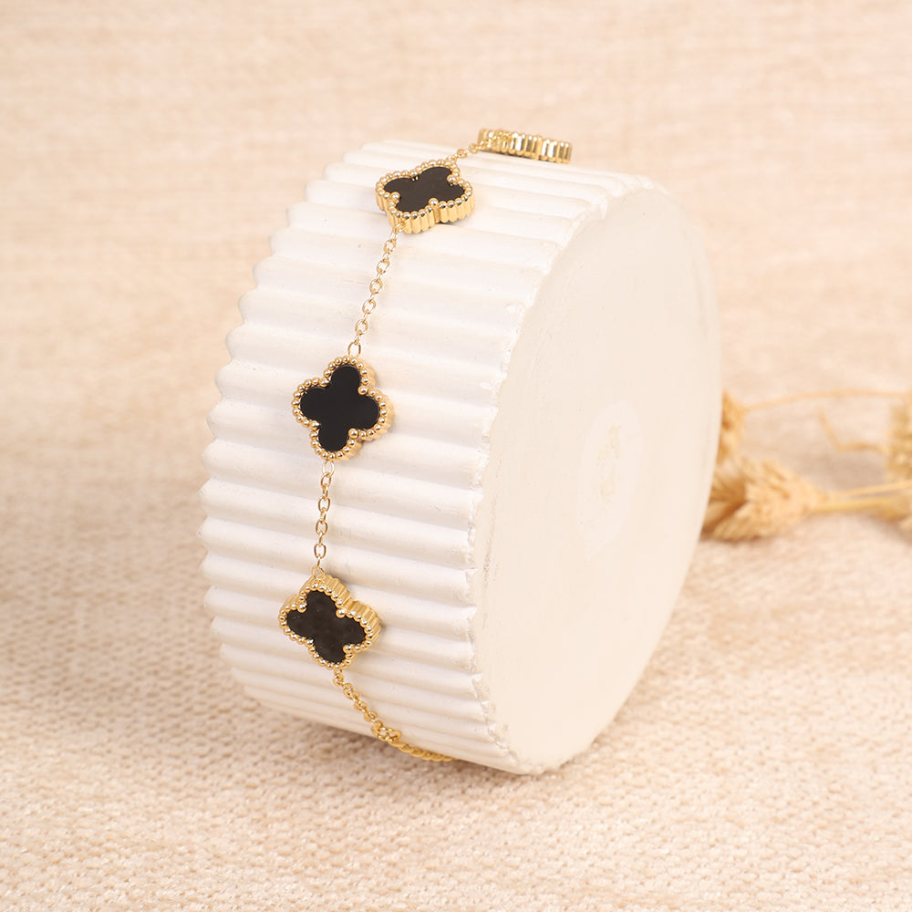 Gold Chain Bracelet with Black Enamel Clover Charms