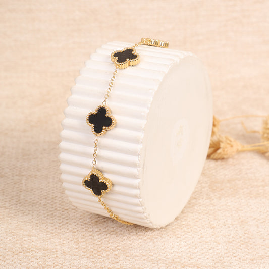 Gold Chain Bracelet with Black Enamel Clover Charms