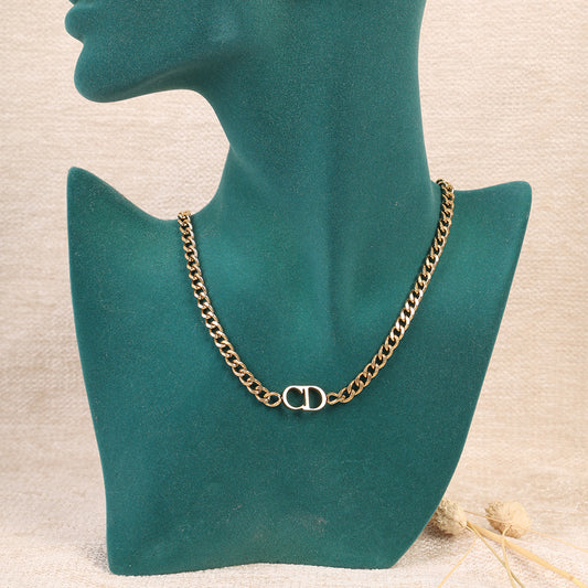 Chunky Gold Curb Chain Necklace with Monogram Charm
