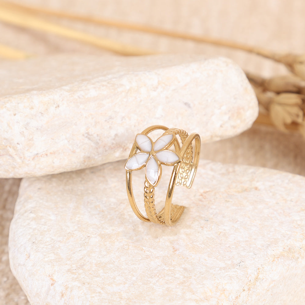 Gold and White Enamel Layered Flower Ring