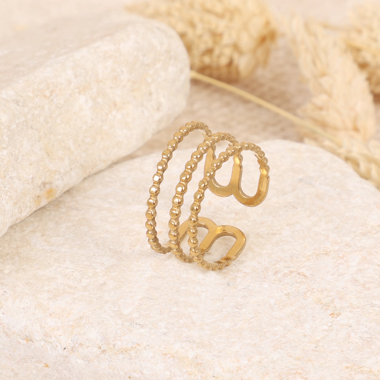 Triple Gold Beaded Stack Adjustable Ring