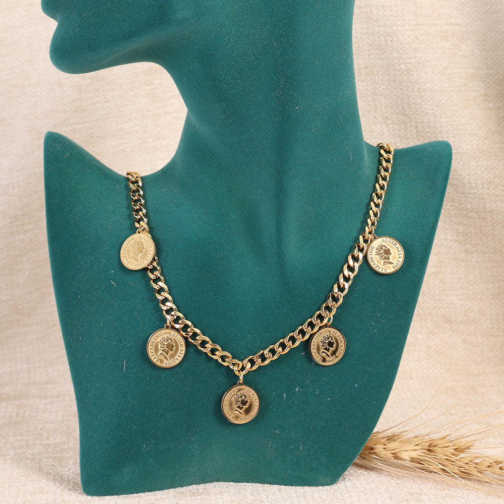 Chunky Curb Chain Necklace with Gold Coin Charms