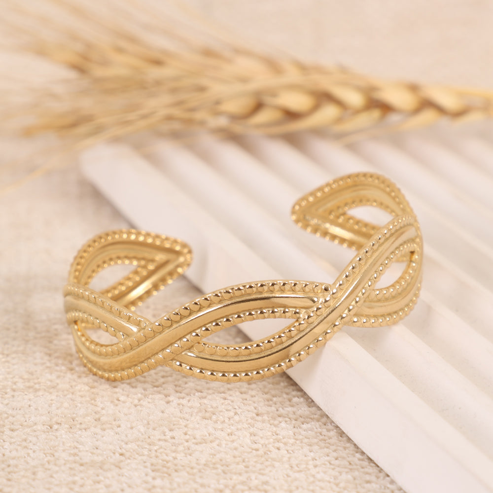 Gold Cuff Bracelet with Intricate Woven & Beaded Texture