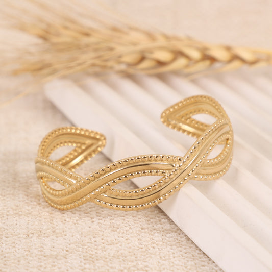 Gold Cuff Bracelet with Intricate Woven & Beaded Texture