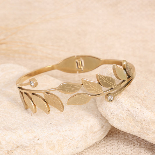 Elegant Laurel Leaf Cuff Bracelet with Diamonds