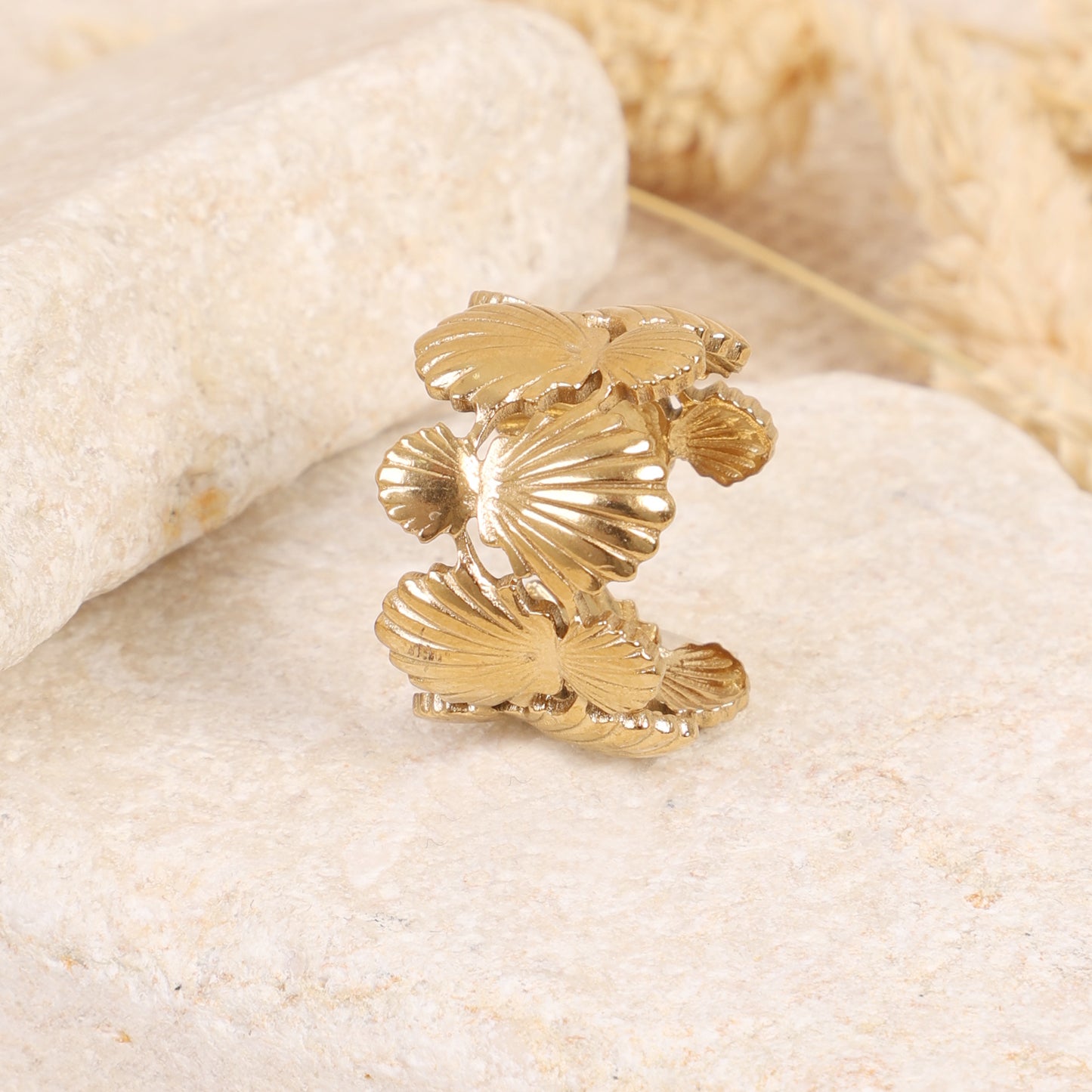 Gold Cluster Scallop Shell Adjustable Ring