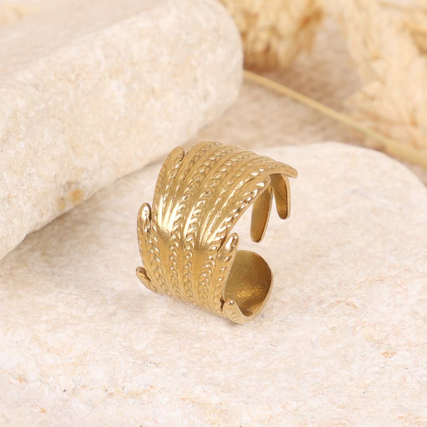 Wide Gold Textured Feather Band Ring
