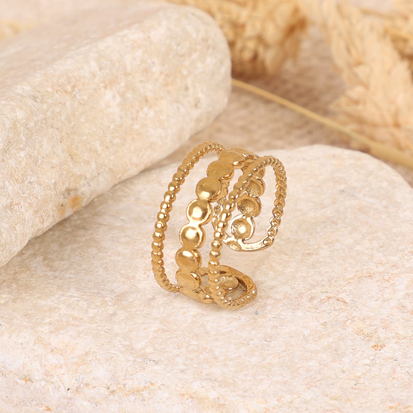 Triple Layer Gold Beaded & Disc Adjustable Ring