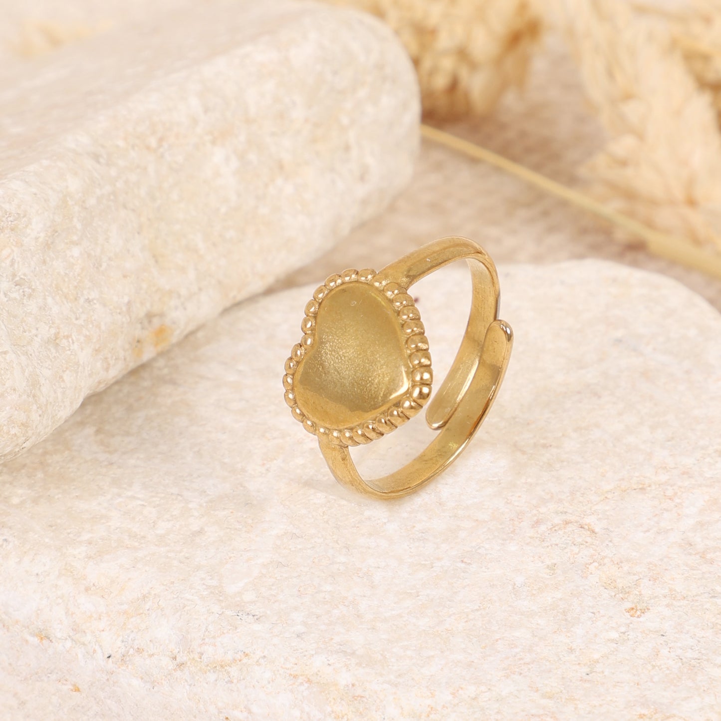 Gold Beaded Border Heart Adjustable Ring