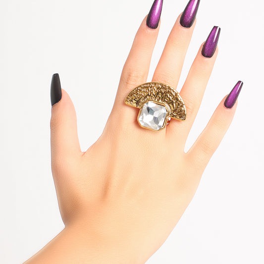 Art Deco Inspired Gold Fan Ring with Square Gem