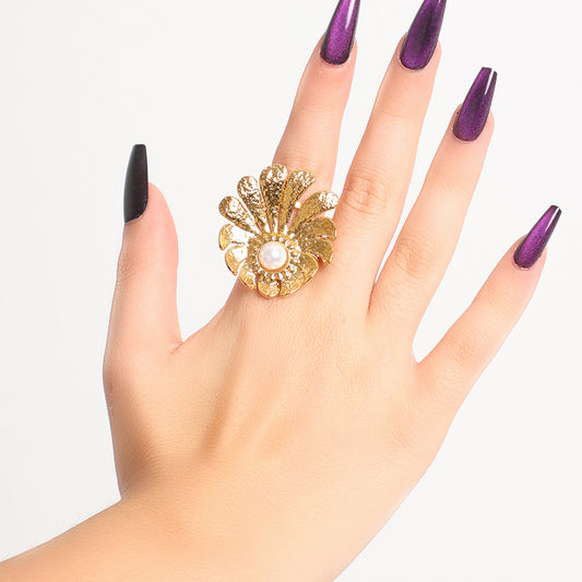 Vintage Inspired Scalloped Gold Ring with Pearl and Rhinestones