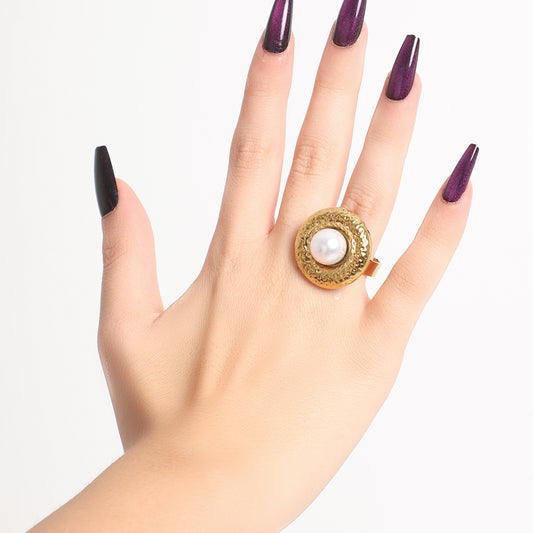 Vintage-Style Gold Coin Ring with Central Pearl