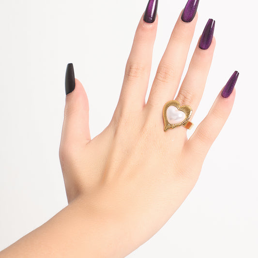 Romantic Gold Heart Ring with Central Mother of Pearl