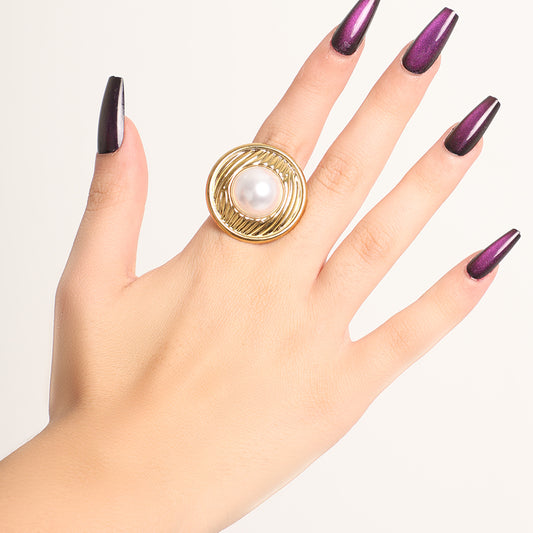 Bold Gold Spiral Ring with Central Pearl