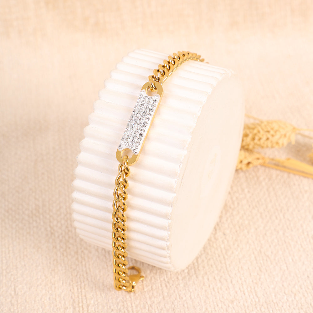 Gold Cuban Chain Bracelet with Double Row Pave Bar