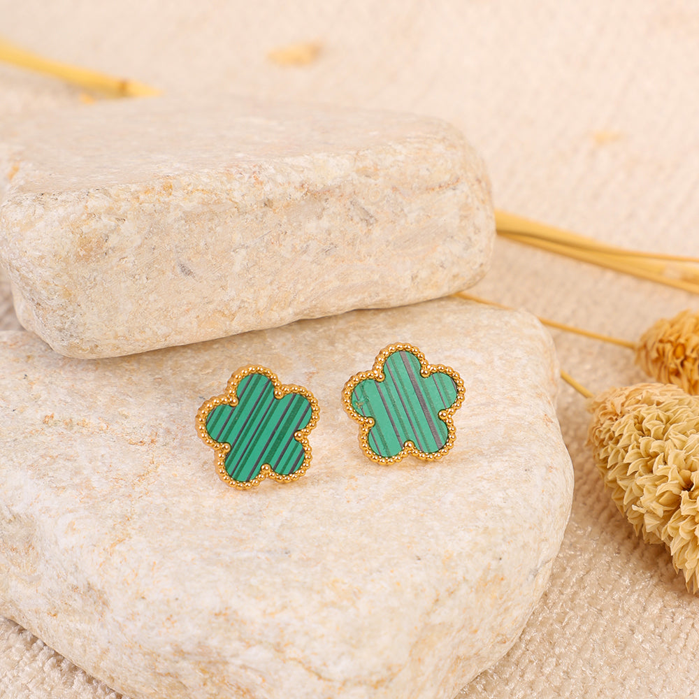 Gold Clover Stud Earrings with Striped Malachite Inlay