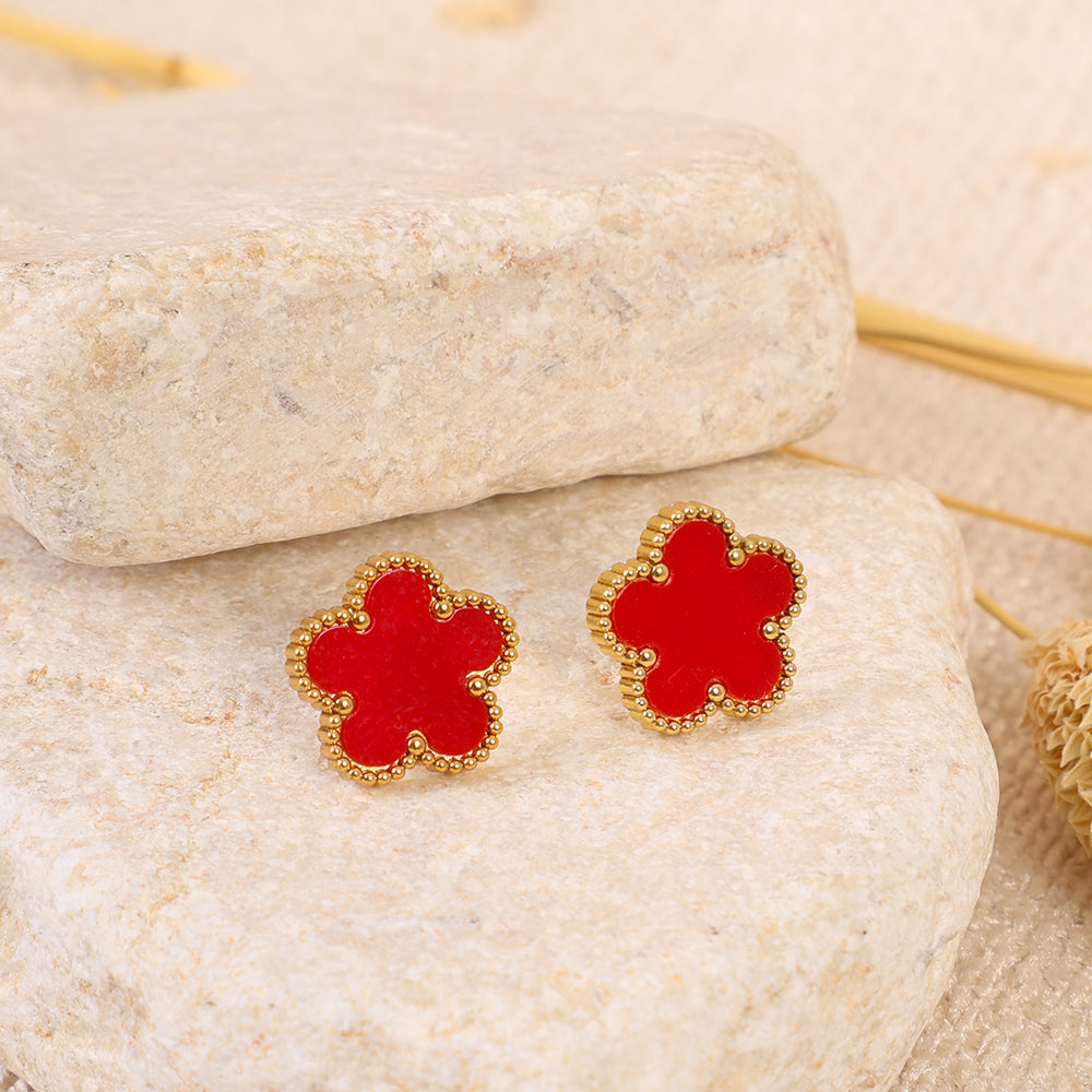 Gold and Red Enamel Clover Stud Earrings
