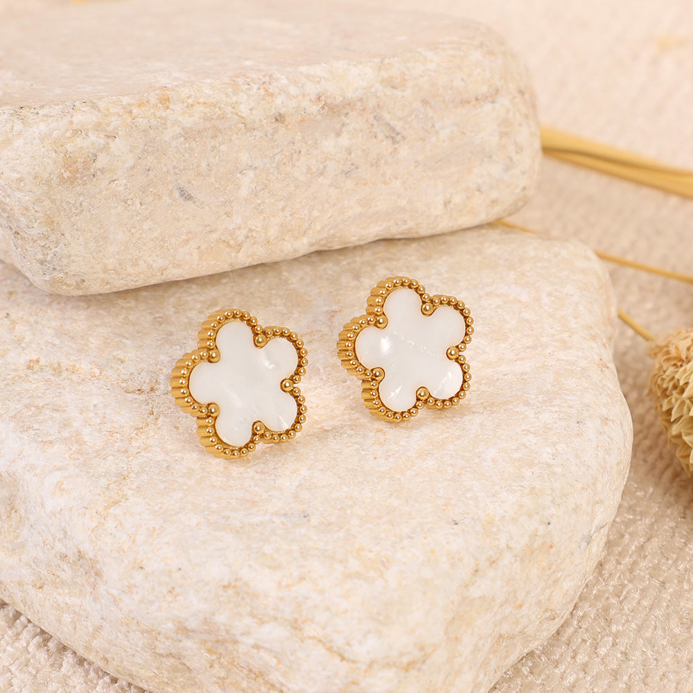 Gold Clover Stud Earrings with Mother of Pearl Inlay