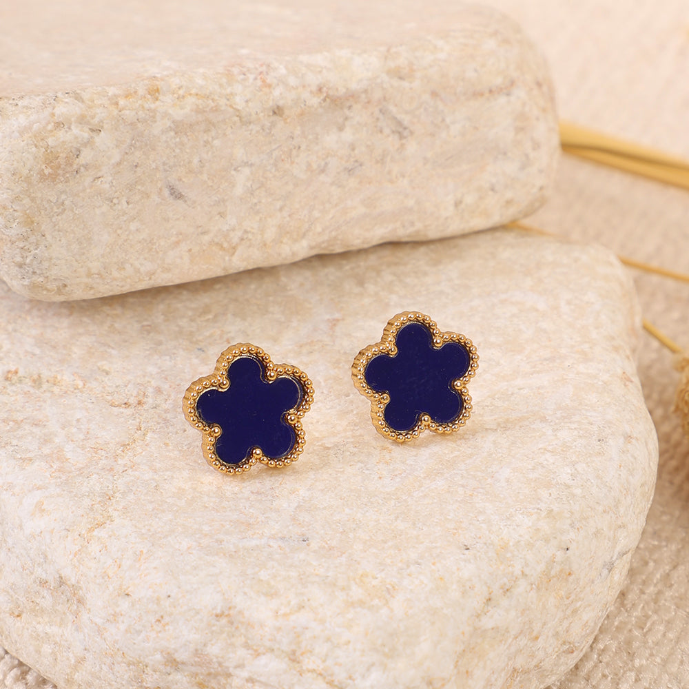Gold and Navy Blue Enamel Clover Stud Earrings