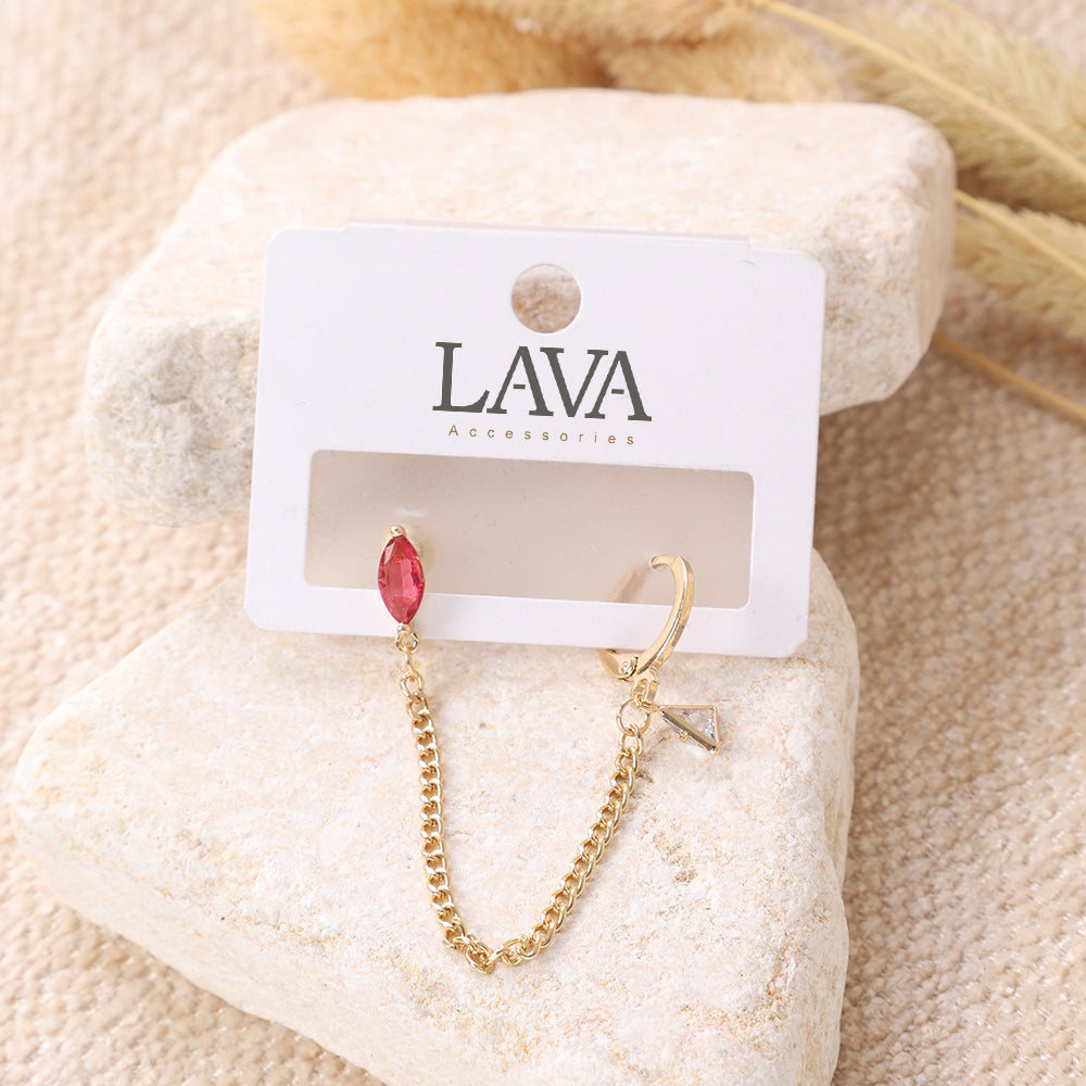Gold-Toned Mismatched Chain Drop Earrings with Pink Gem
