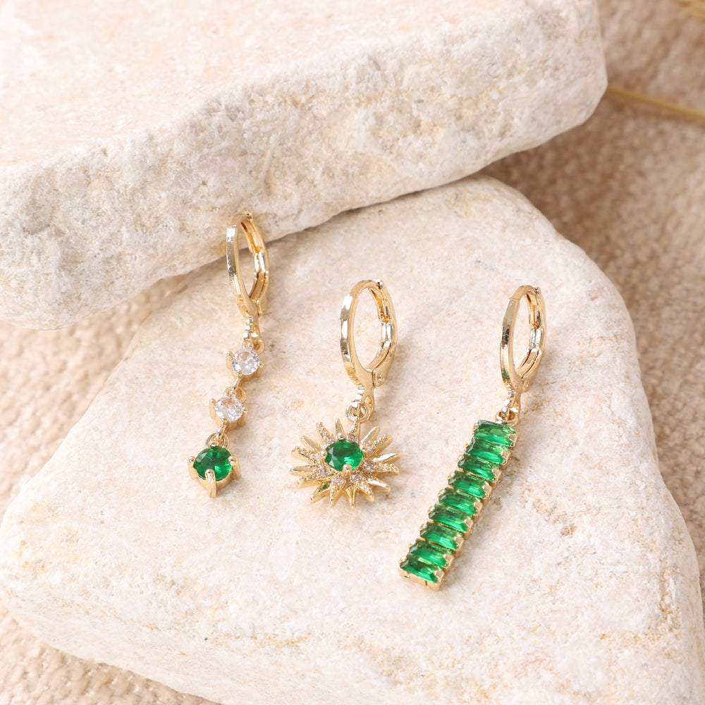 Gold Huggie Hoop Earring Set with Green Gemstones