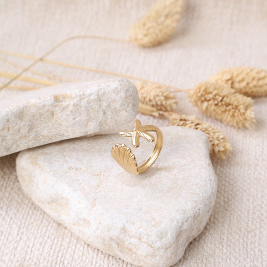 Golden Starfish and Shell Ring