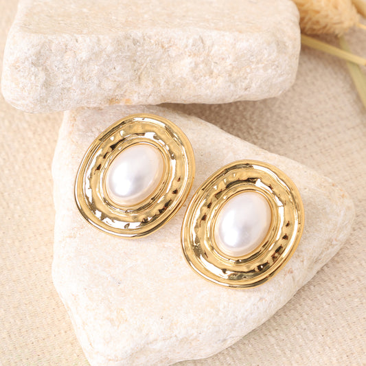 Vintage Oval Pearl and Gold Statement Stud Earrings