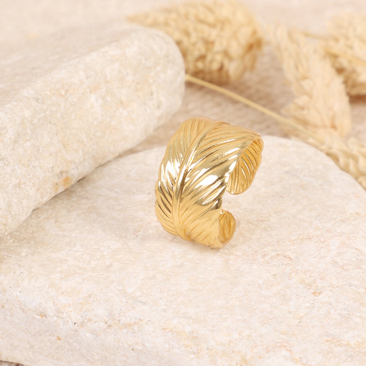 Wide Gold Feather Adjustable Ring