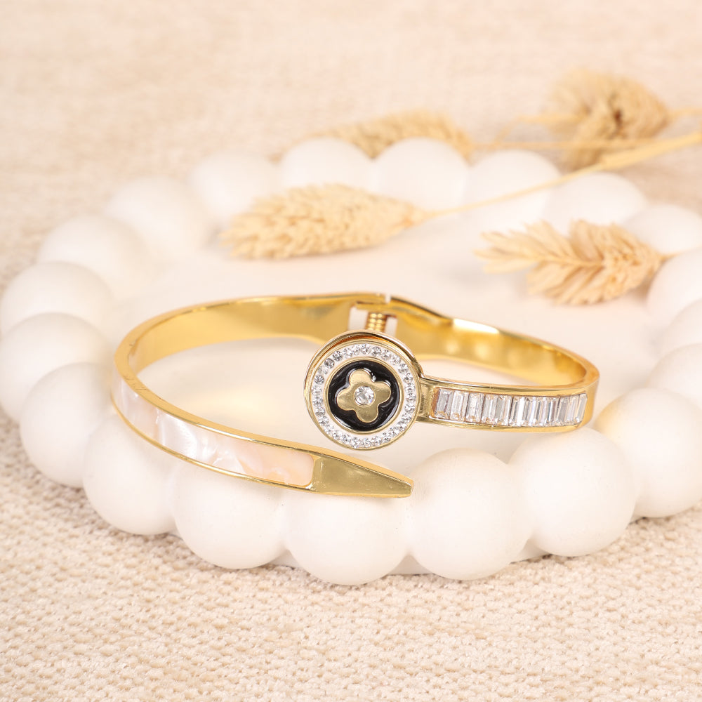 Gold Cuff Bangle with Black Enamel Clover and Crystal Pave