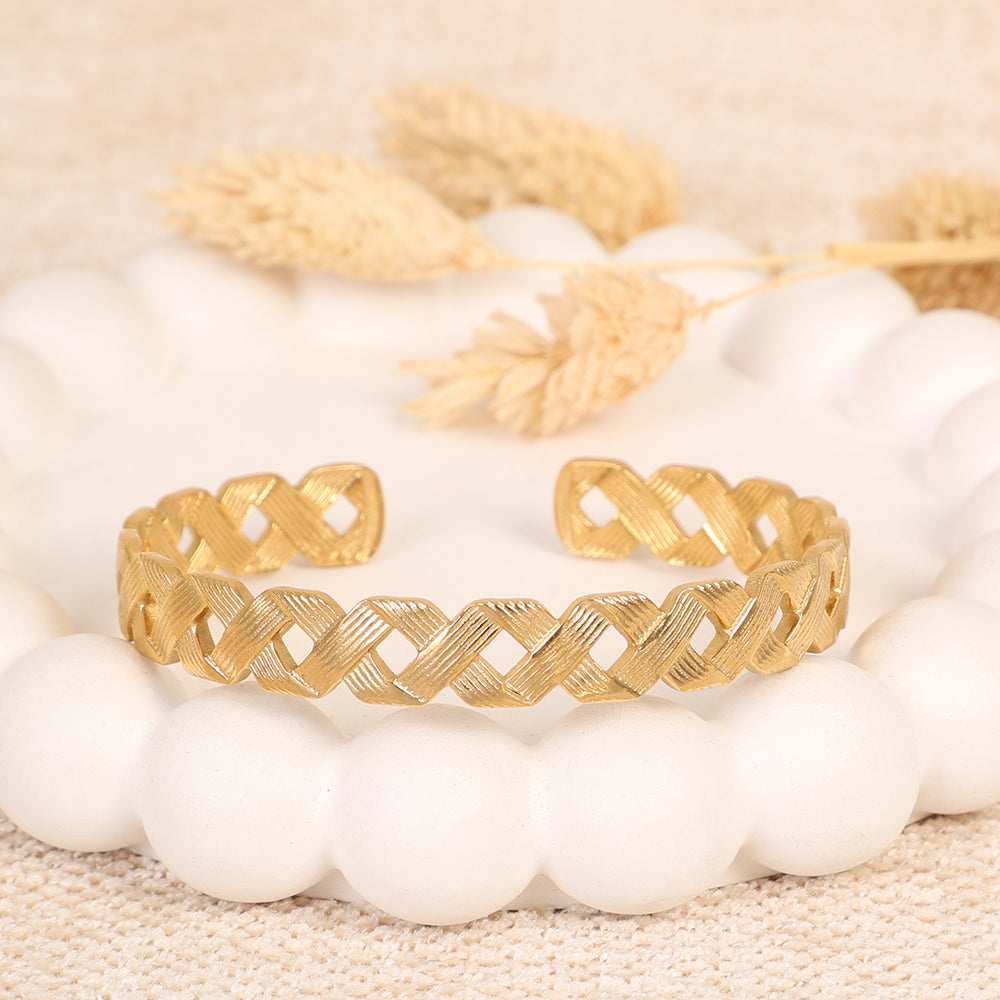 Textured Gold Cuff Bracelet with X-Cross Pattern