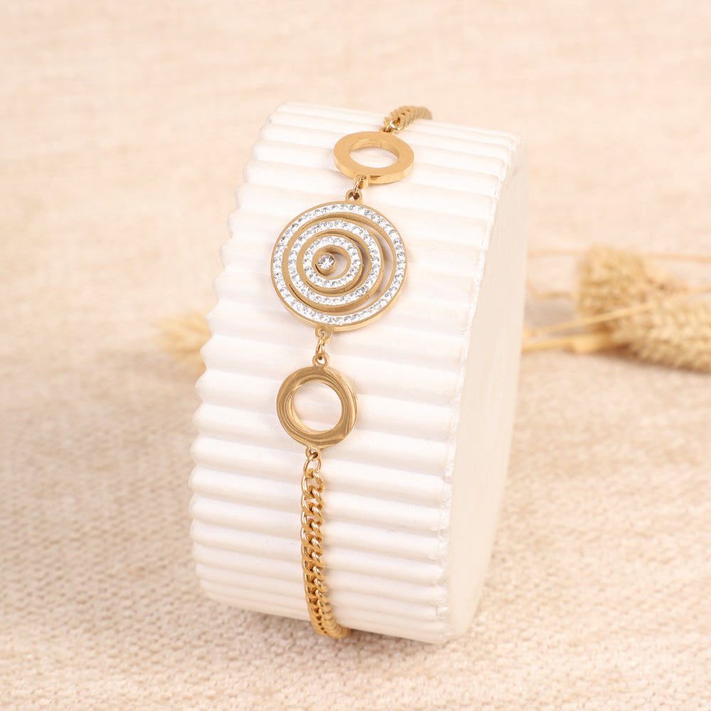 Gold Bracelet with Concentric Crystal Circle Charm