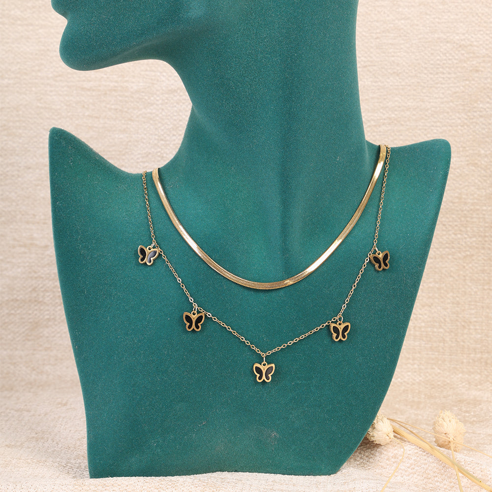 Gold Layered Necklace with Snake Chain and Butterfly Charms