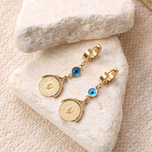 Golden "Coin and Evil Eye" Earrings