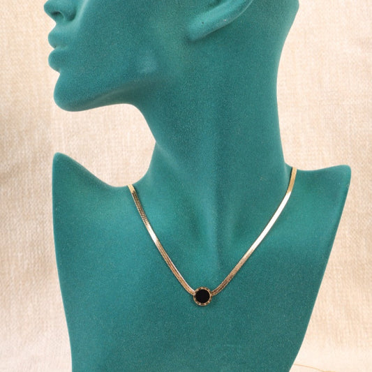 Golden "Herringbone" Necklace with Black Pendant